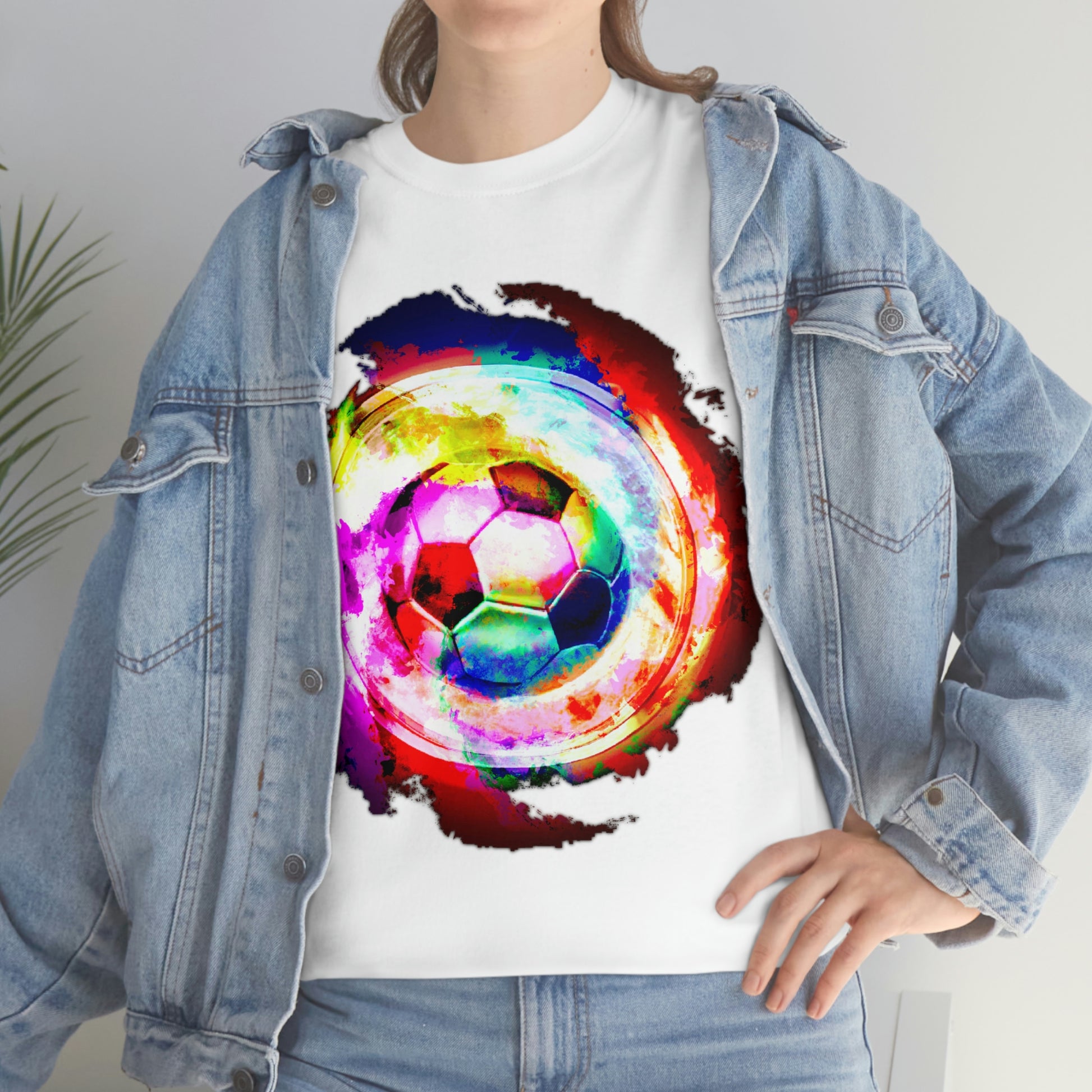 White T-shirt mockup with model wearing levi jeans pants and jacket: Rainbow Nebula Soccer Design