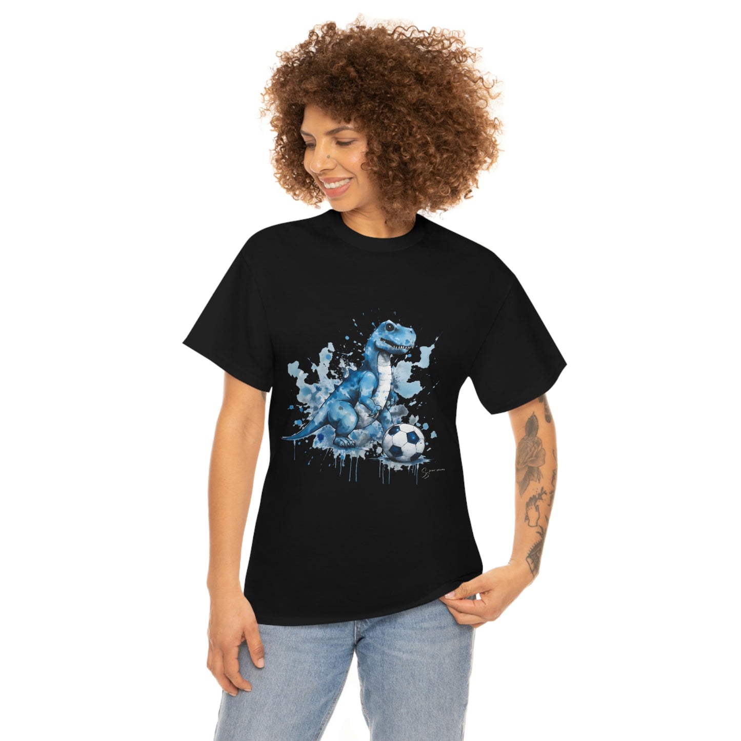 Blue Water Color Soccer T-Rex Shirt  Female model black shirt mockup