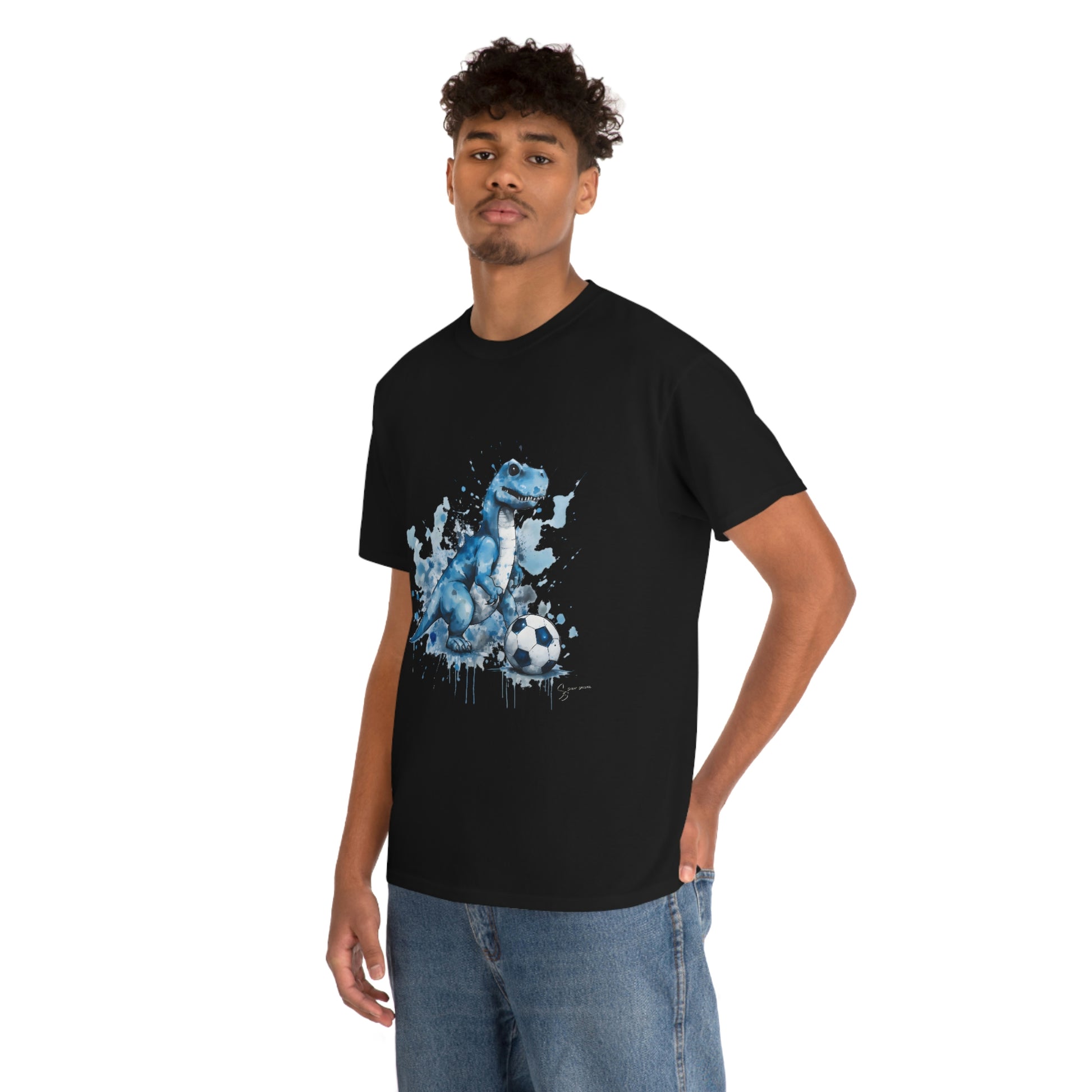 Blue Water Color Soccer T-Rex Shirt - Male model, black t-shirt mockup