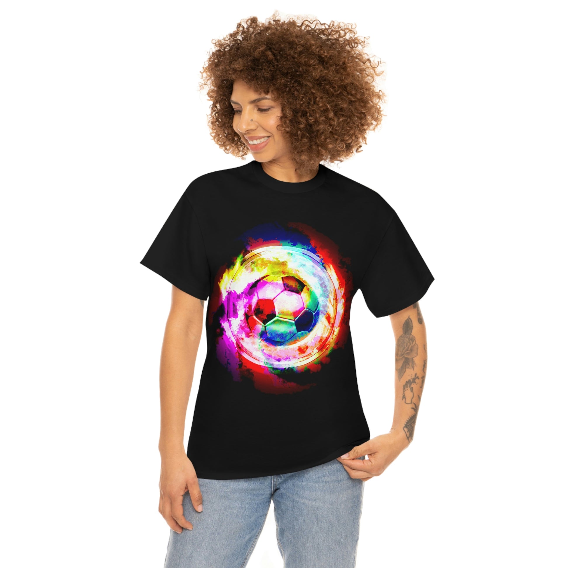 Black Shirt Human Mockup: Rainbow Nebula Soccer Design