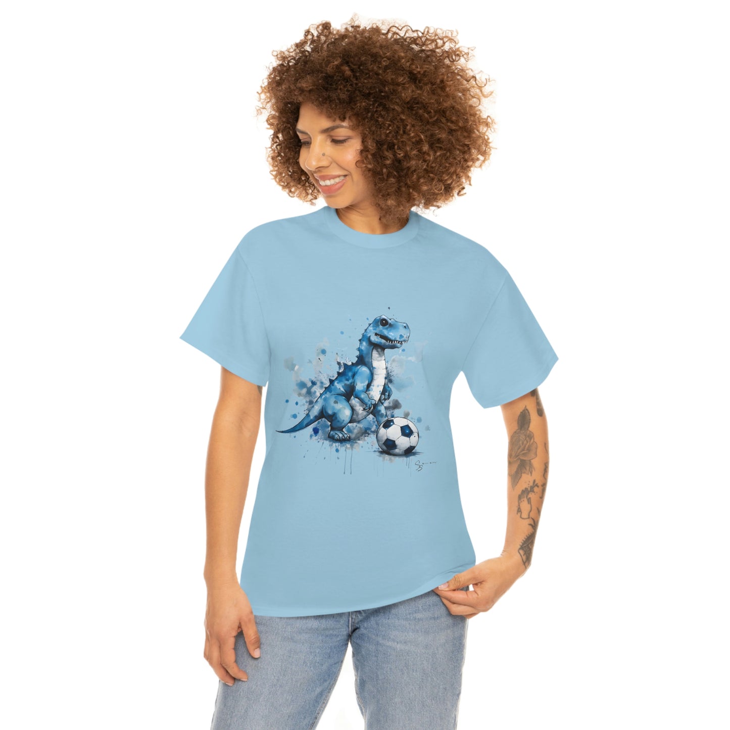 Blue Water Color Soccer T-Rex Shirt female model light blue shirt mockup