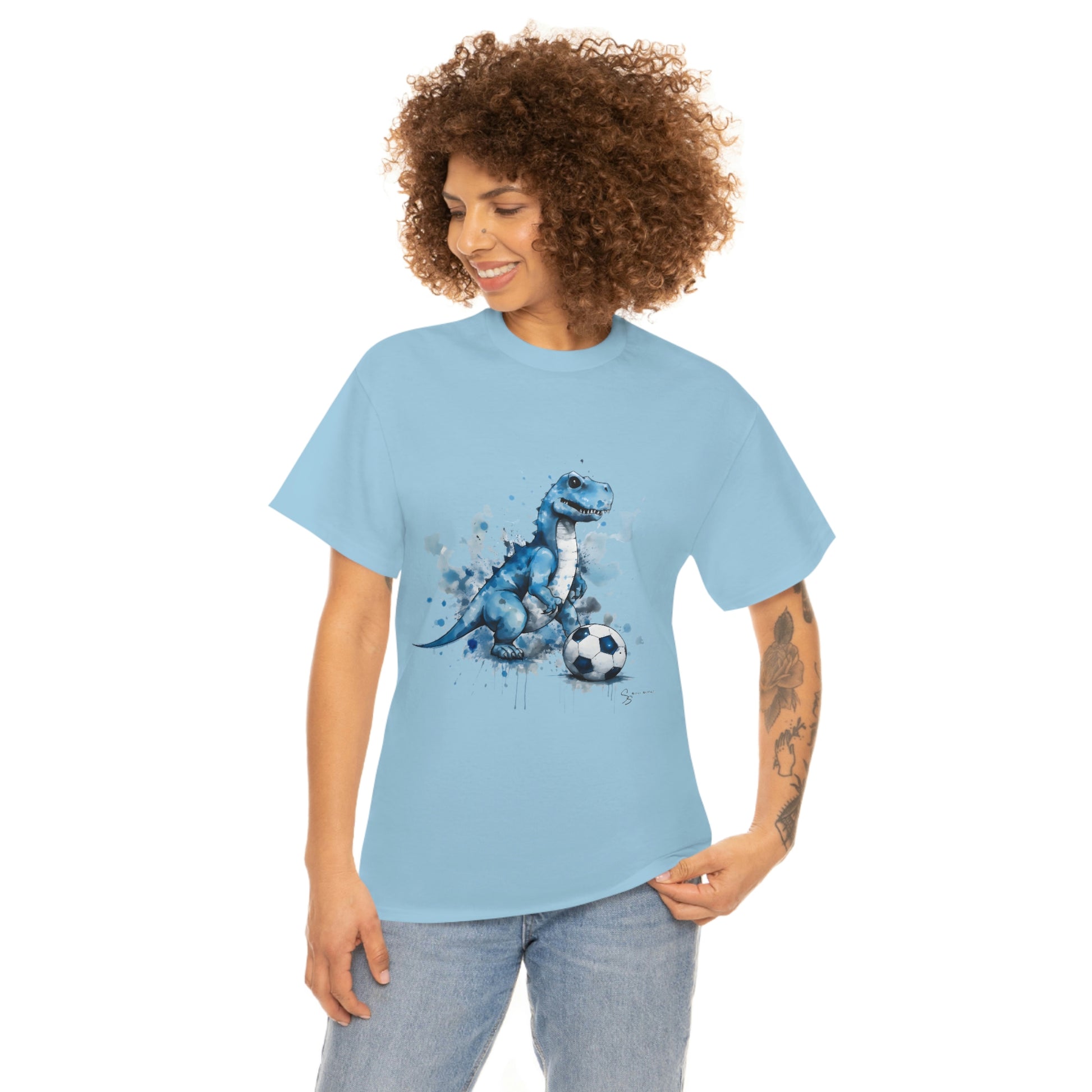 Blue Water Color Soccer T-Rex Shirt female model light blue shirt mockup