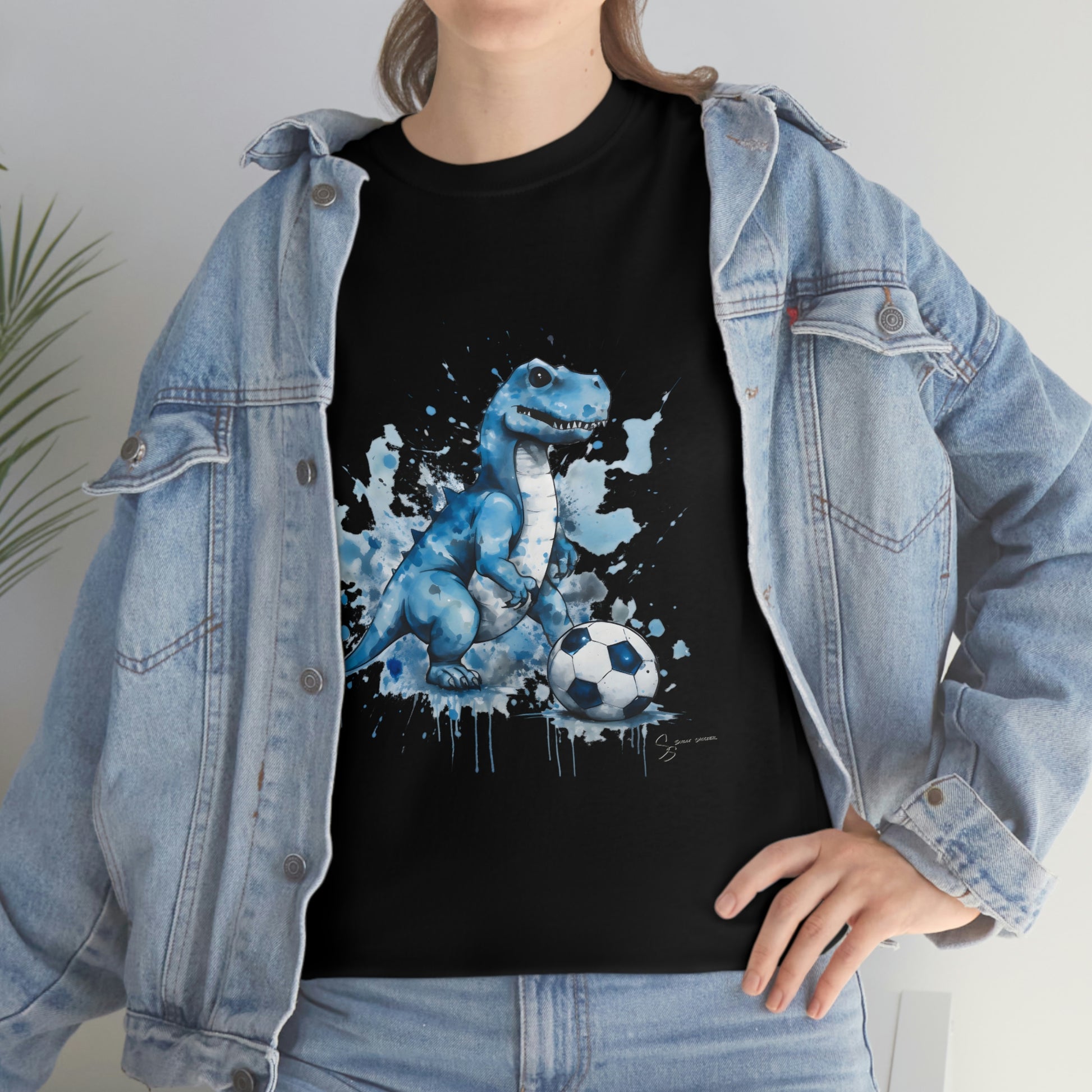 Blue Water Color Soccer T-Rex Shirt  - female model wearing Levi jacket and jeans, black t-shirt mockup