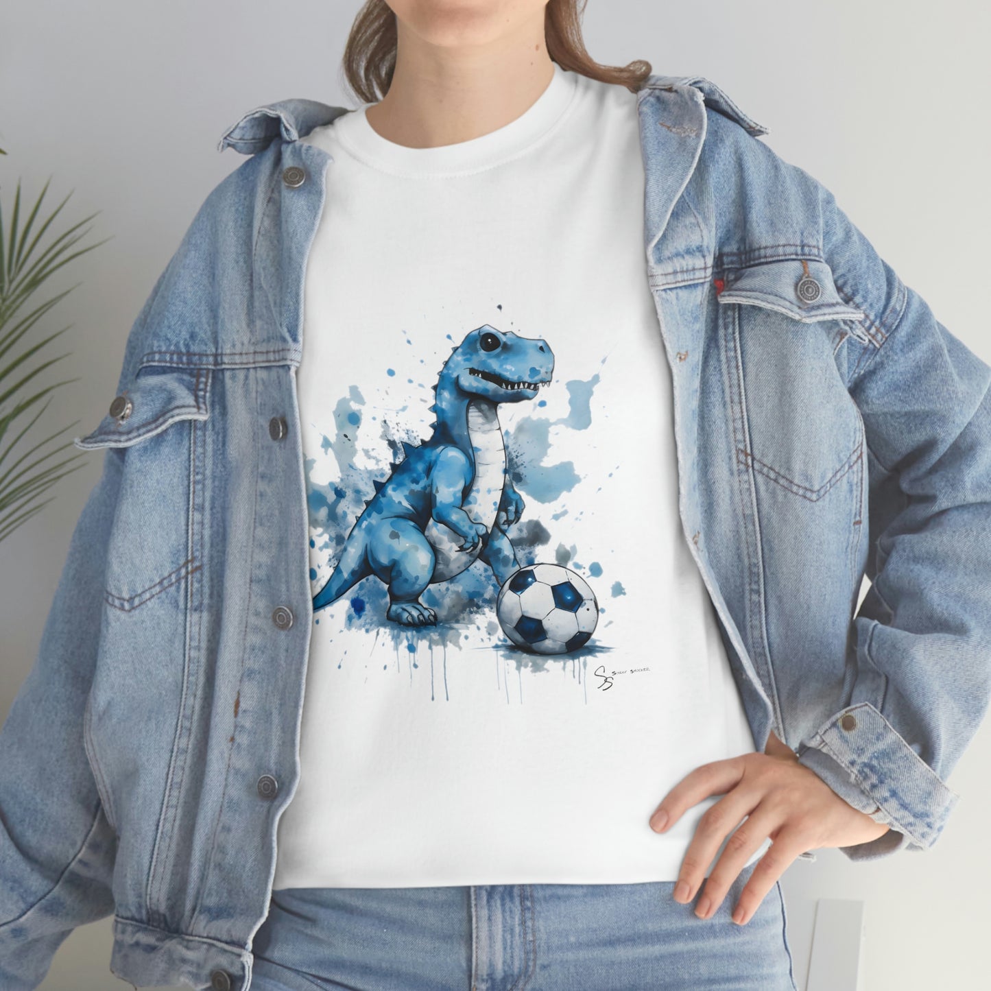 Blue Water Color Soccer T-Rex Shirt female model white shirt levi jeans and jacket