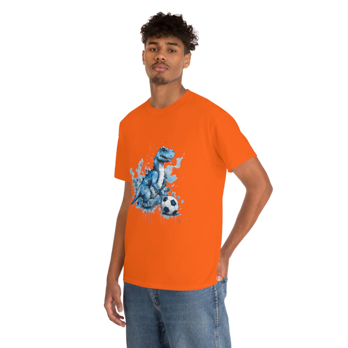 Blue Water Color Soccer T-Rex Shirt male model orange shirt mockup