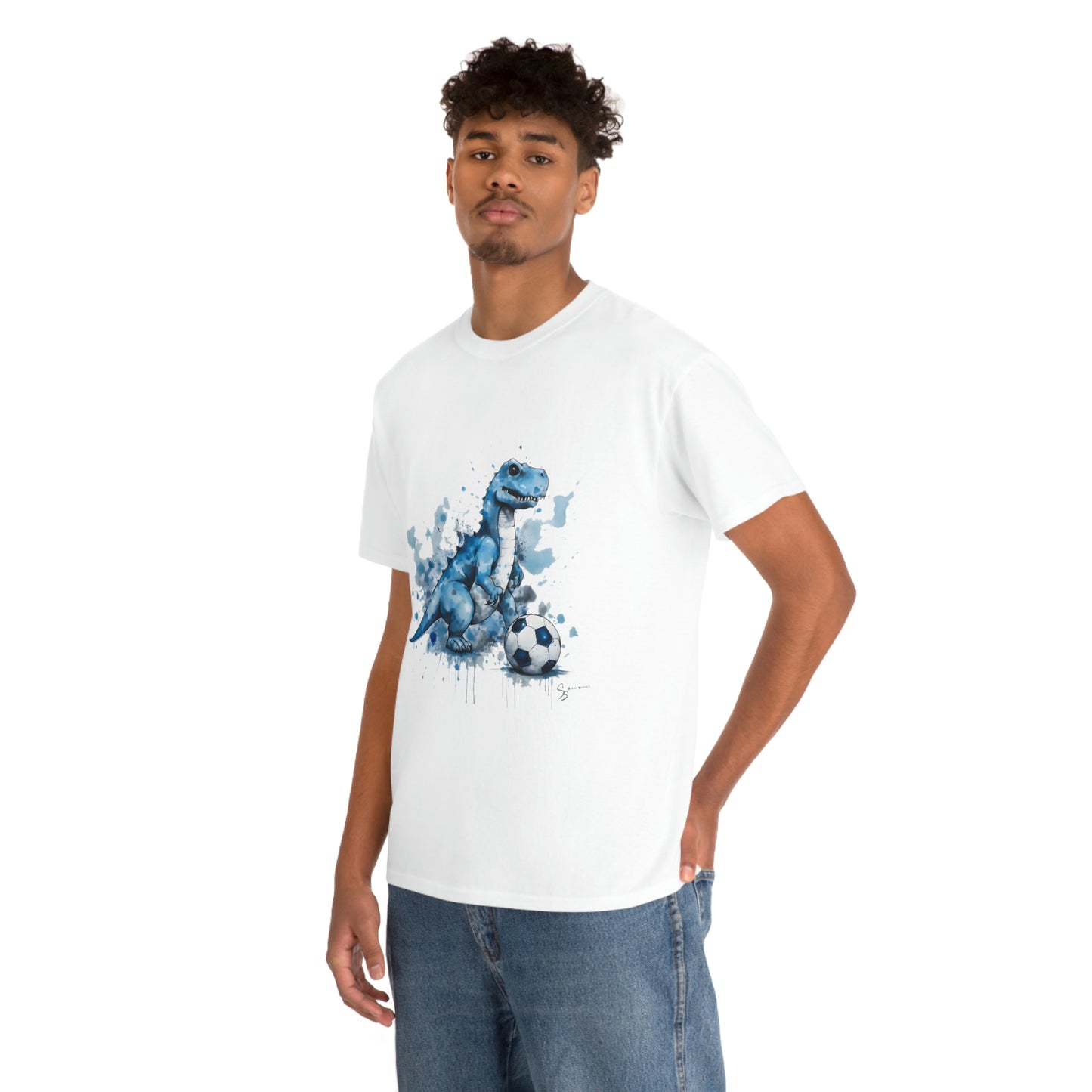 Blue Water Color Soccer T-Rex Shirt male model white shirt