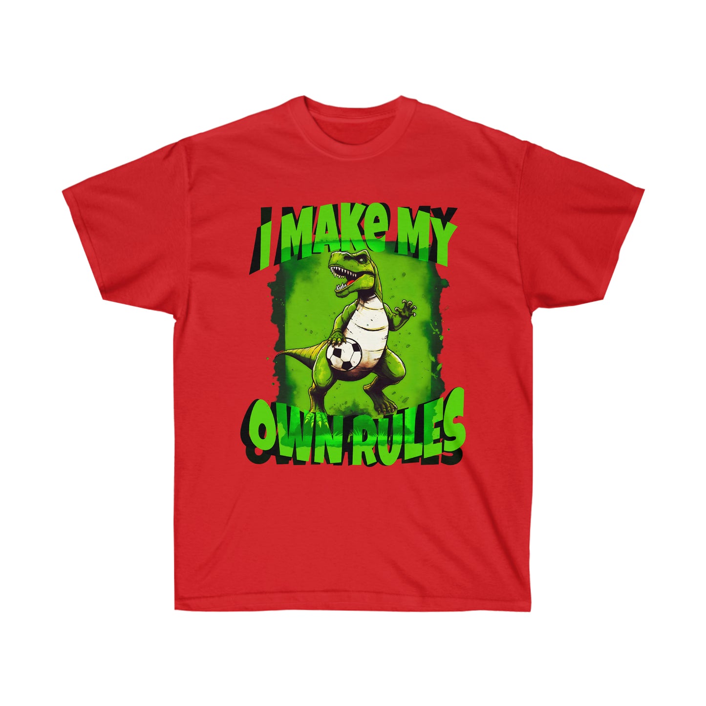 Red "I make my own rules" soccer t-rex shirt, flat mockup.