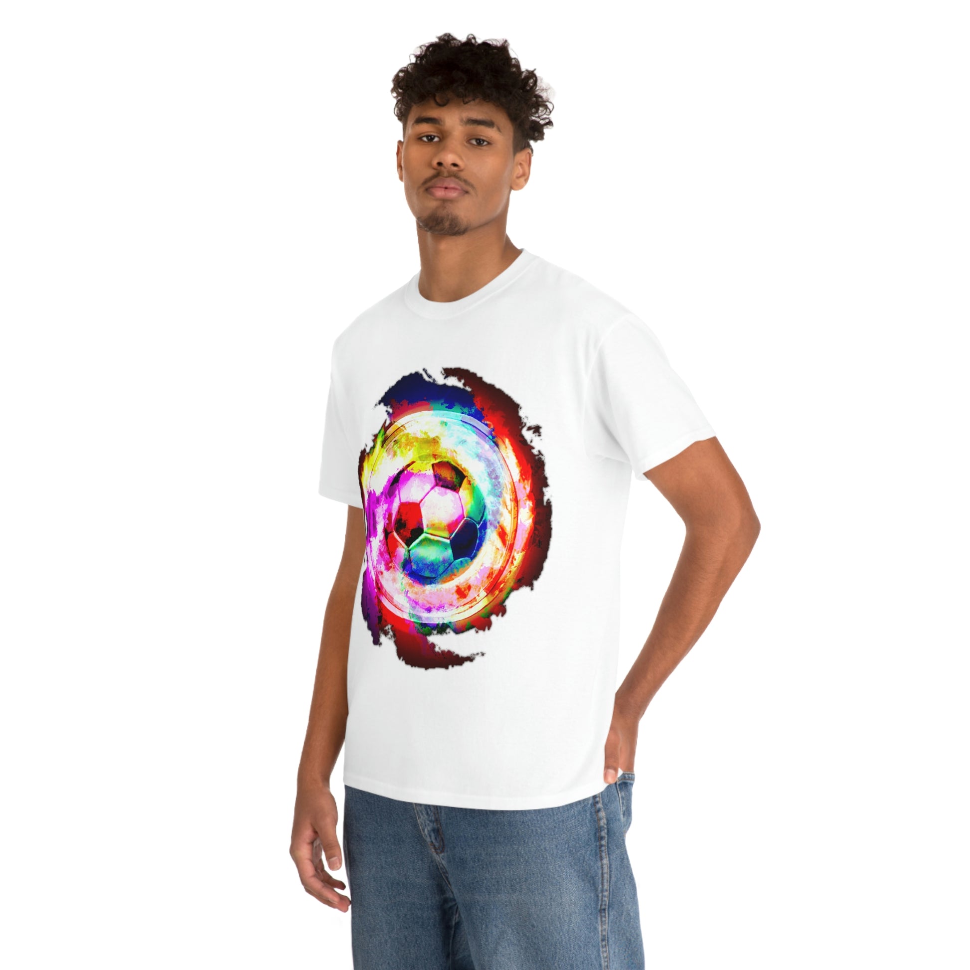 White T-shirt mockup with male model: Rainbow Nebula Soccer Design