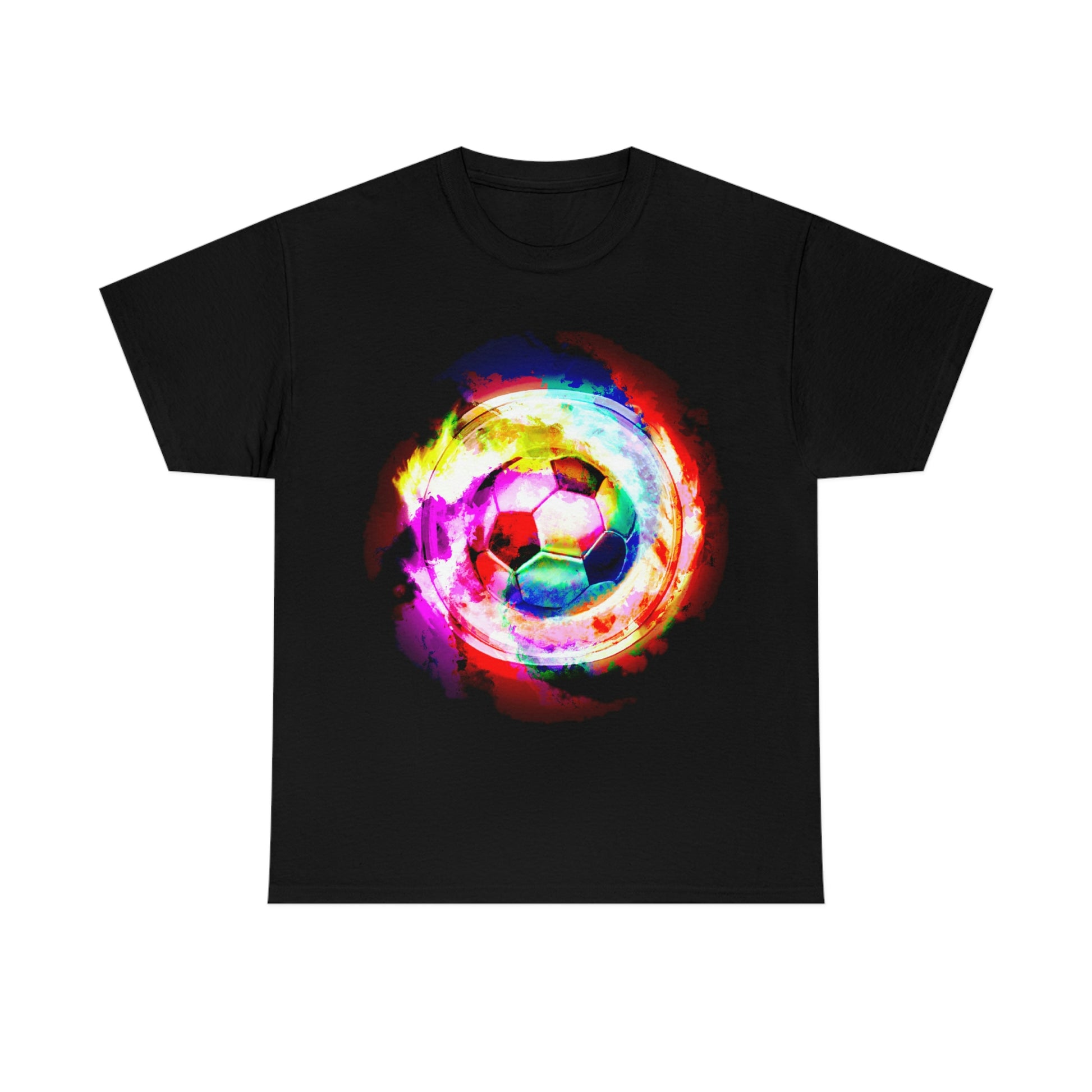 Black T-shirt: Rainbow Nebula Soccer Design