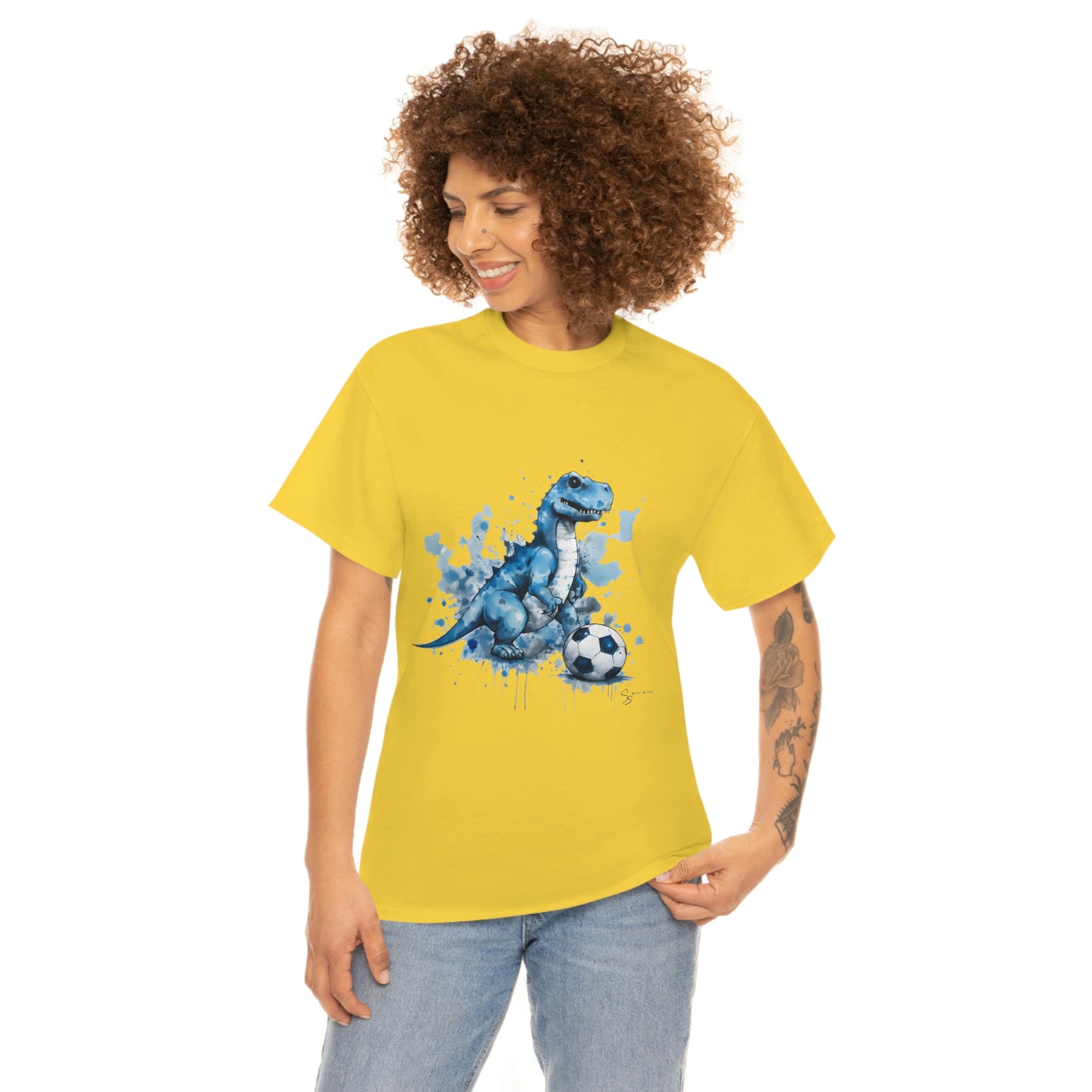 Blue Water Color Soccer T-Rex Shirt female model, yellow shirt mockup