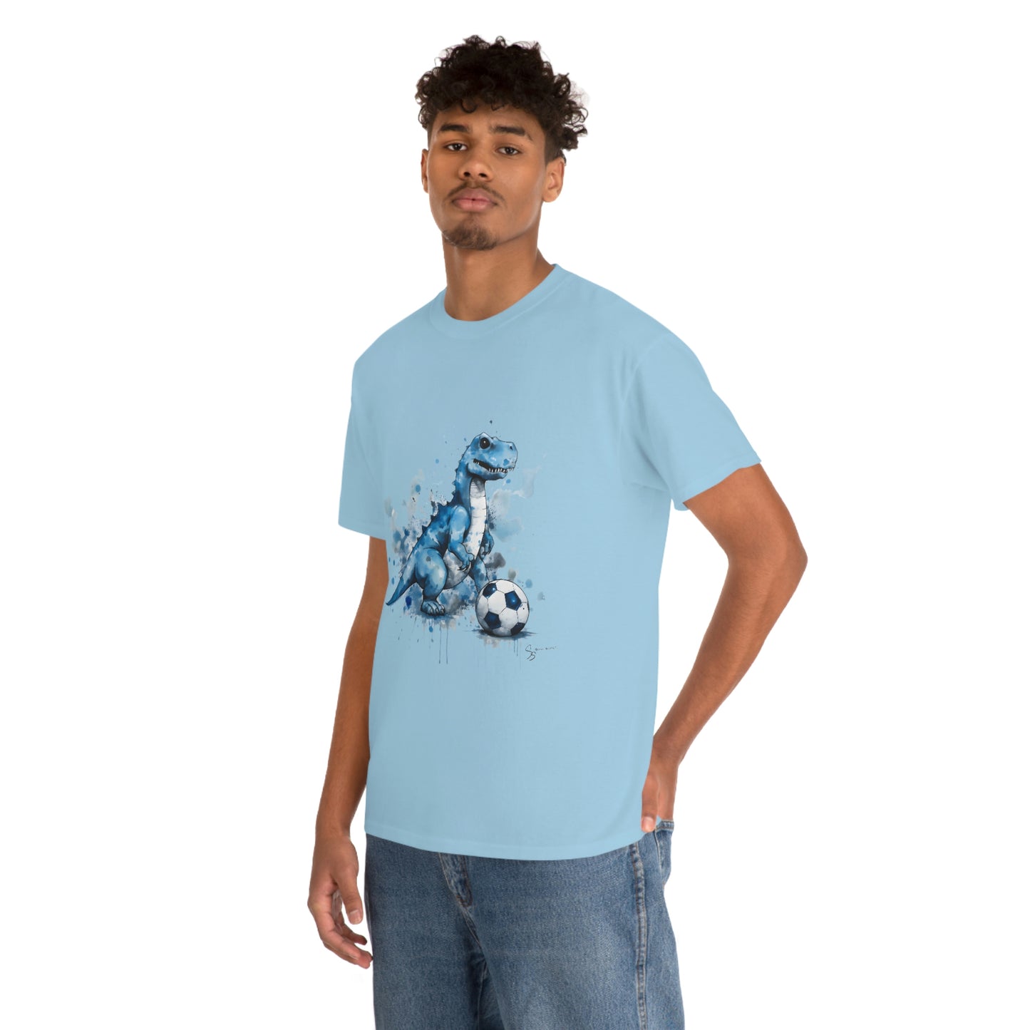 Blue Water Color Soccer T-Rex Shirt light blue shirt male model mockup