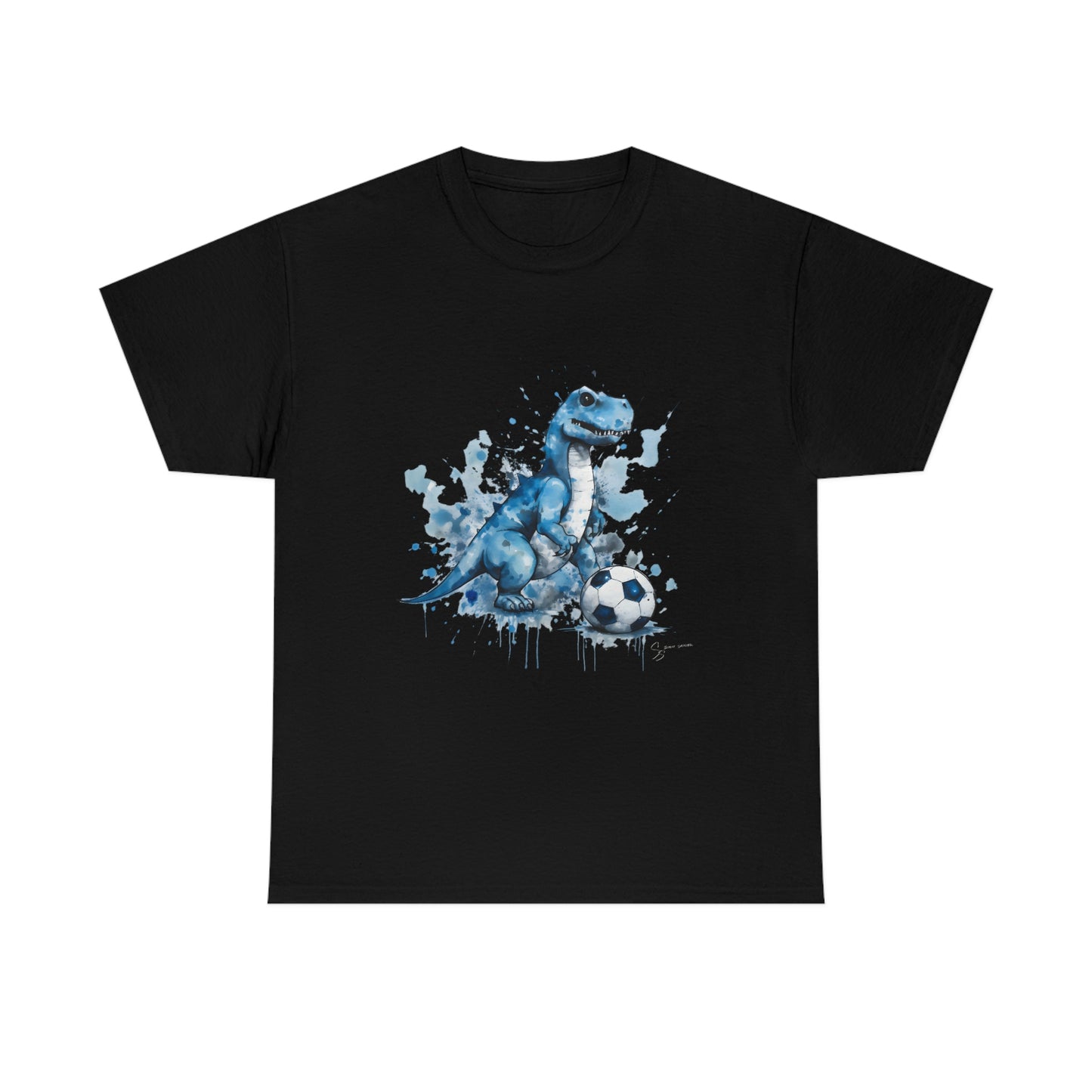 Blue Water Color Soccer T-Rex Shirt: black t-shirt mockup